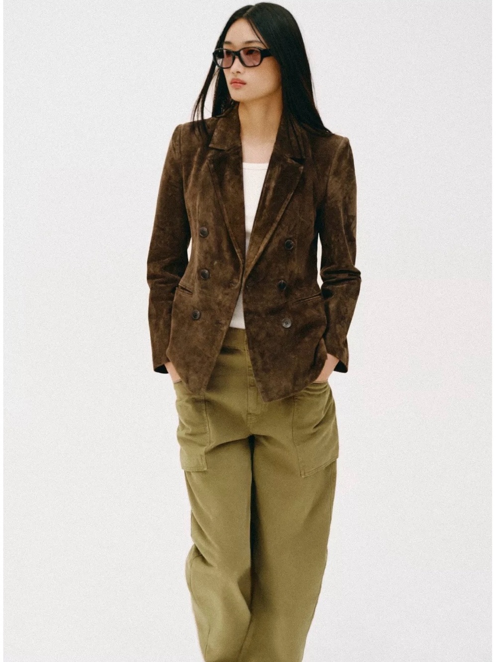 NWT Zara 100% Leather Khaki Double-Breasted Suede Blazer with shoulder pads.